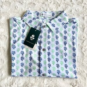 Herman Dunn Shirt Mens Medium White Blue Floral AOP Golf Performance Stretch NWT
